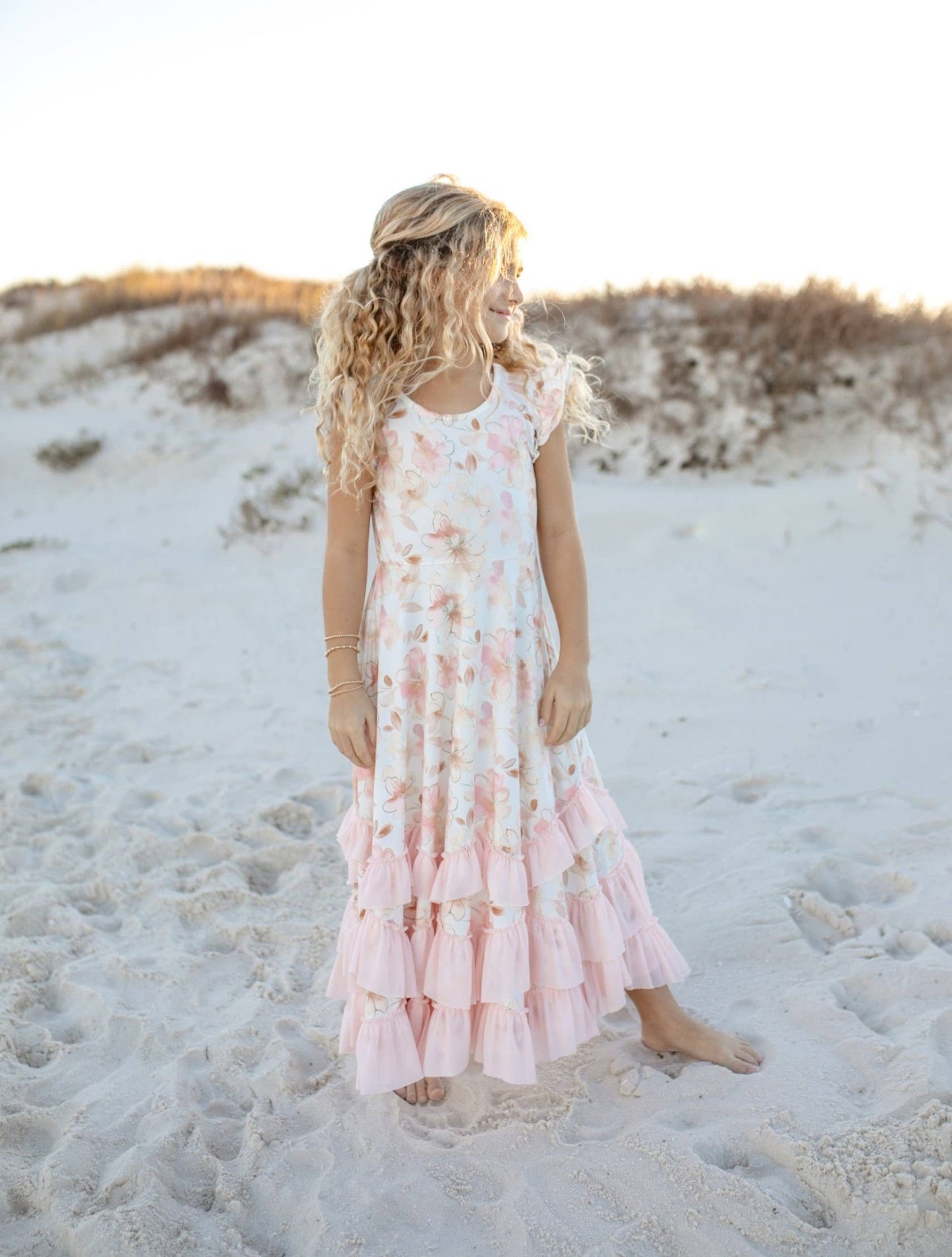 Girls Blush Floral Flutter Sleeve Ruffles Spring Dress - Tiny Tots Boutique