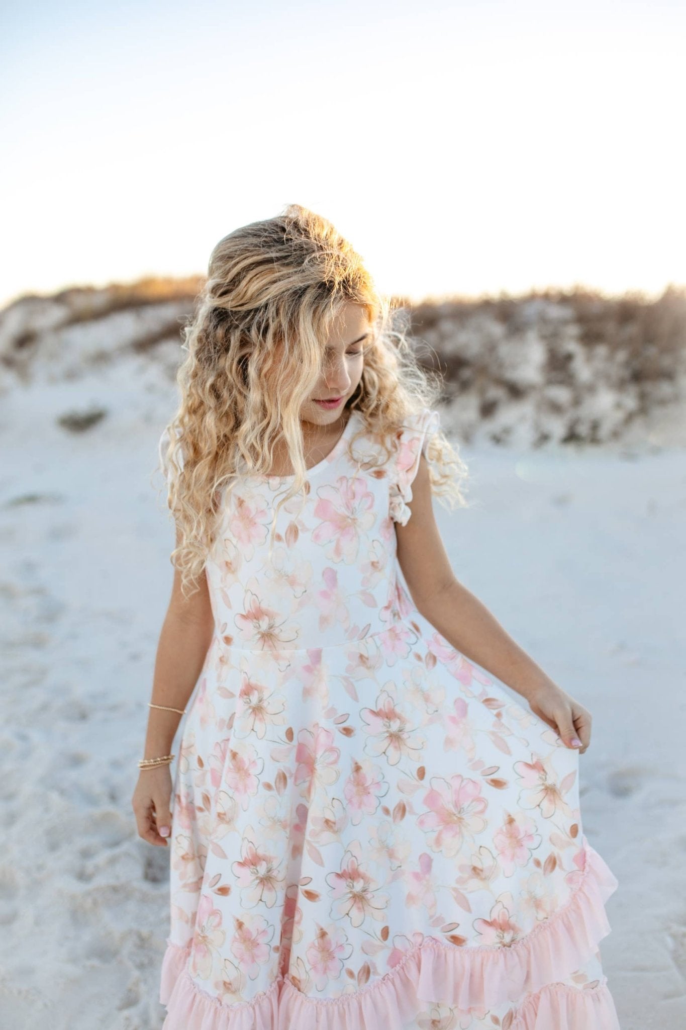 Girls Blush Floral Flutter Sleeve Ruffles Spring Dress - Tiny Tots Boutique