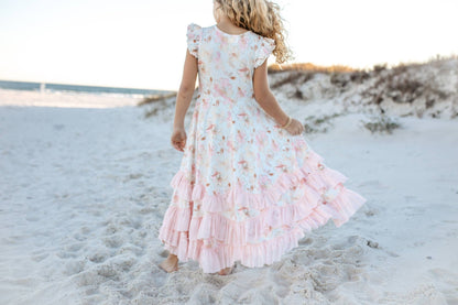 Girls Blush Floral Flutter Sleeve Ruffles Spring Dress - Tiny Tots Boutique