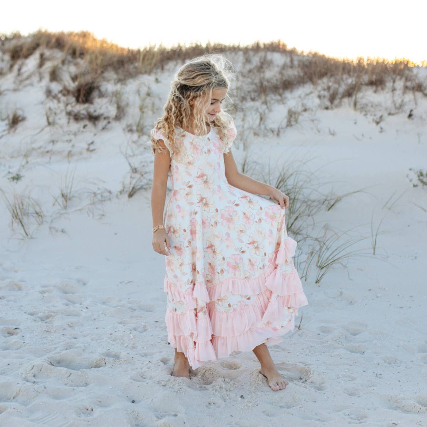 Girls Blush Floral Flutter Sleeve Ruffles Spring Dress - Tiny Tots Boutique
