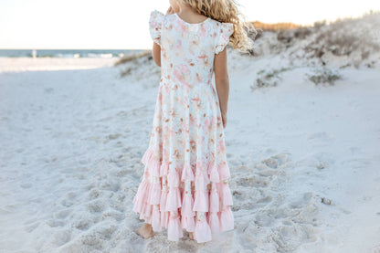 Girls Blush Floral Flutter Sleeve Ruffles Spring Dress - Tiny Tots Boutique