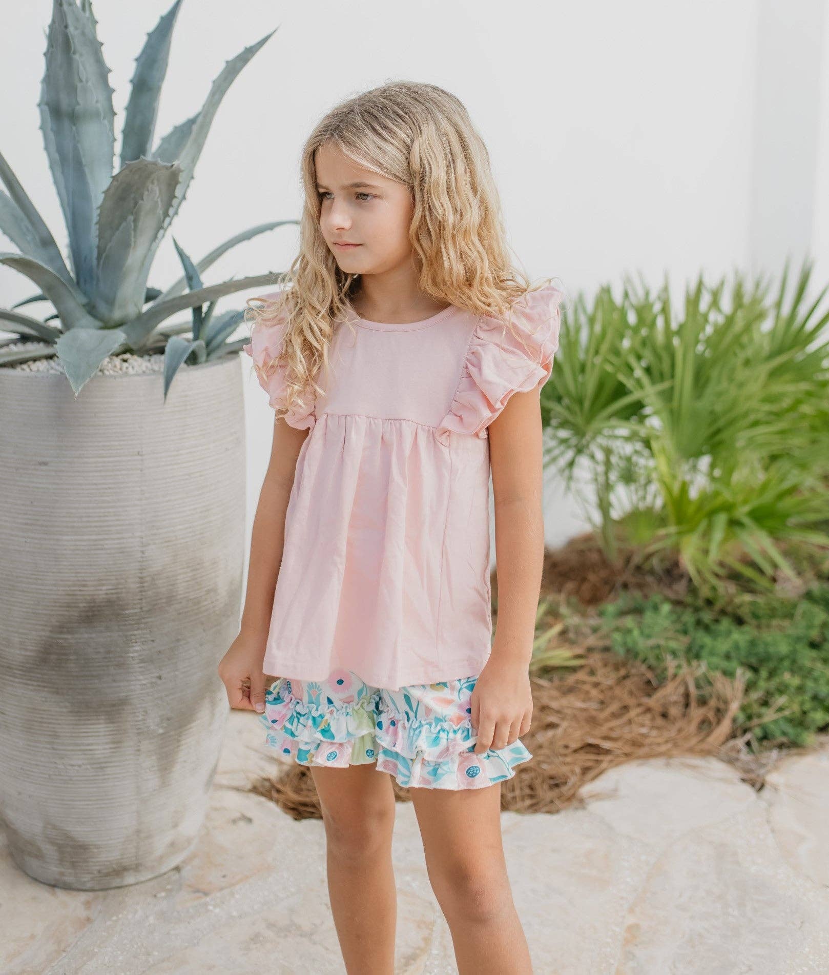 Girls Blush Pastel Floral Ruffle Spring Easter Short Set - Tiny Tots Boutique