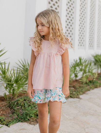 Girls Blush Pastel Floral Ruffle Spring Easter Short Set - Tiny Tots Boutique