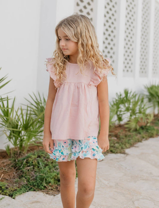Girls Blush Pastel Floral Ruffle Spring Easter Short Set - Tiny Tots Boutique