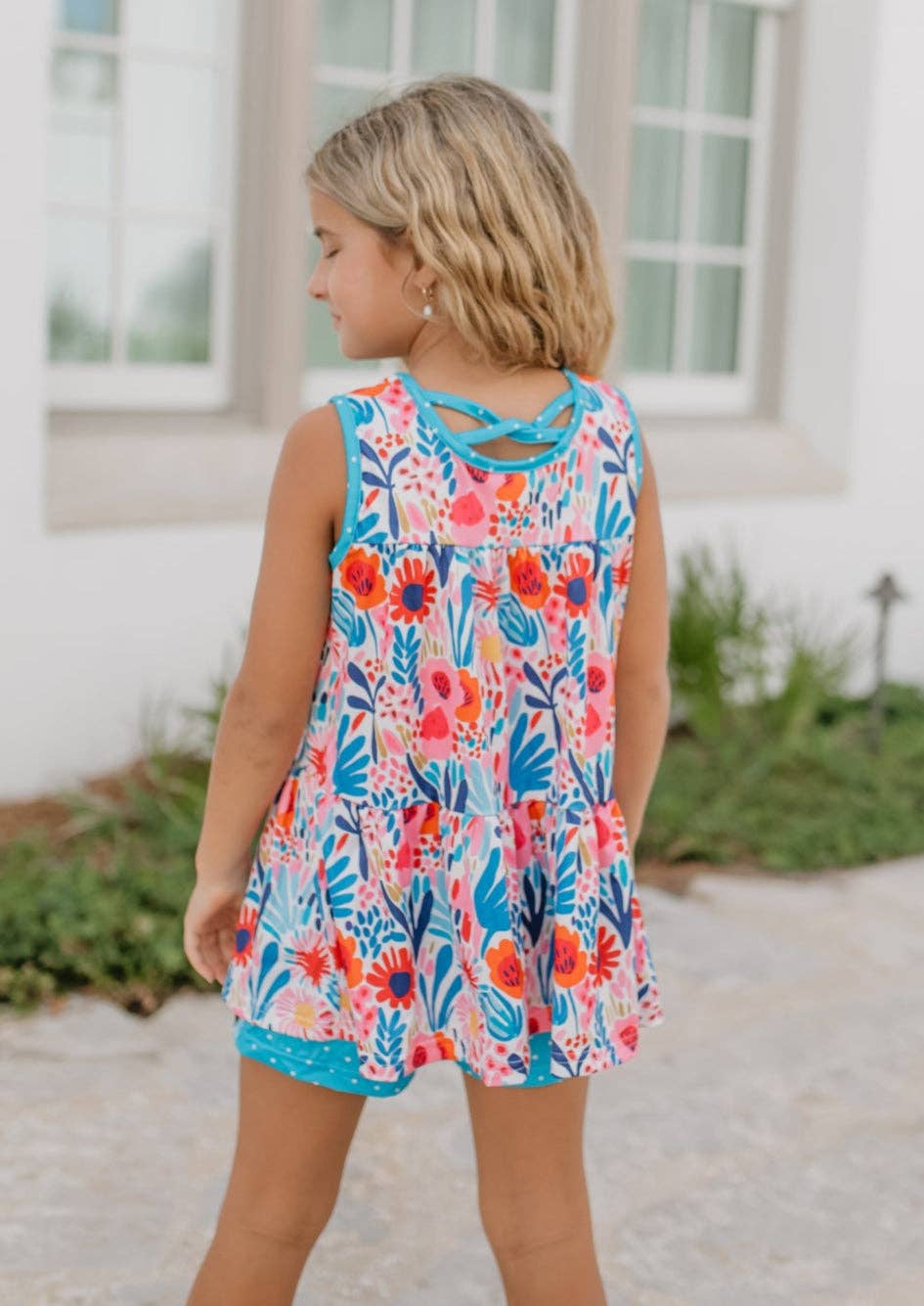 Girls Bright Pink & Blue Wild Floral Spring Summer Short Set - Tiny Tots Boutique