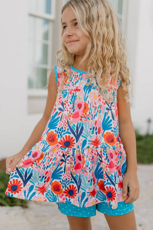 Girls Bright Pink & Blue Wild Floral Spring Summer Short Set - Tiny Tots Boutique