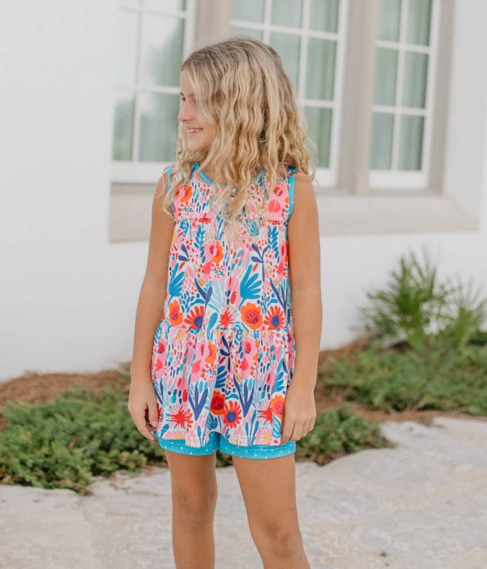 Girls Bright Pink & Blue Wild Floral Spring Summer Short Set - Tiny Tots Boutique