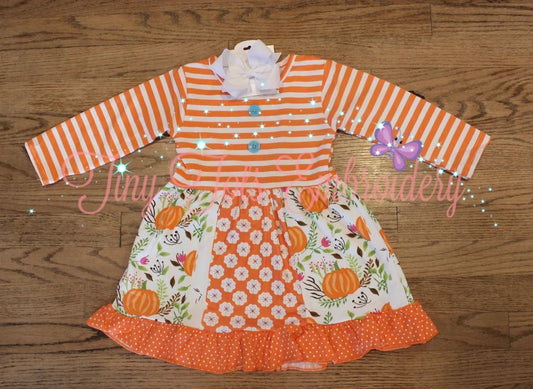 Girl's Fall Long Sleeve Striped Pumpkin Dress - Tiny Tots Boutique