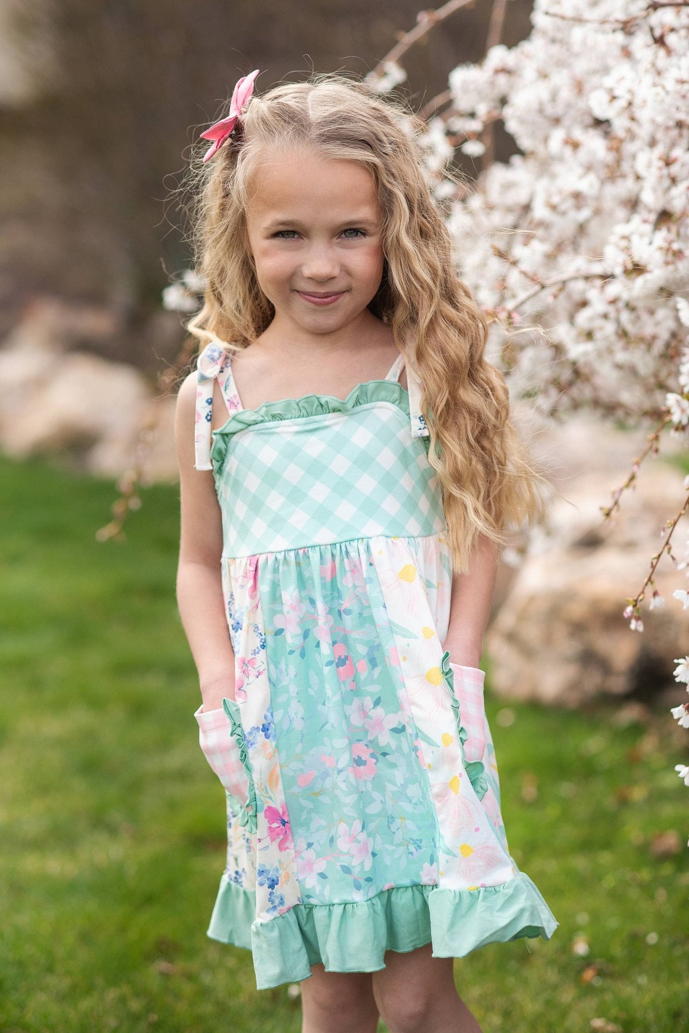 Girls Mint Gingham Ruffle Pocket Spring Easter Summer Dress - Tiny Tots Boutique