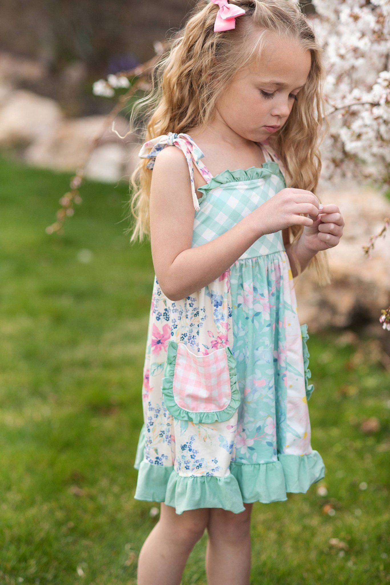 Girls Mint Gingham Ruffle Pocket Spring Easter Summer Dress - Tiny Tots Boutique