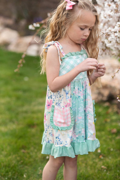 Girls Mint Gingham Ruffle Pocket Spring Easter Summer Dress - Tiny Tots Boutique