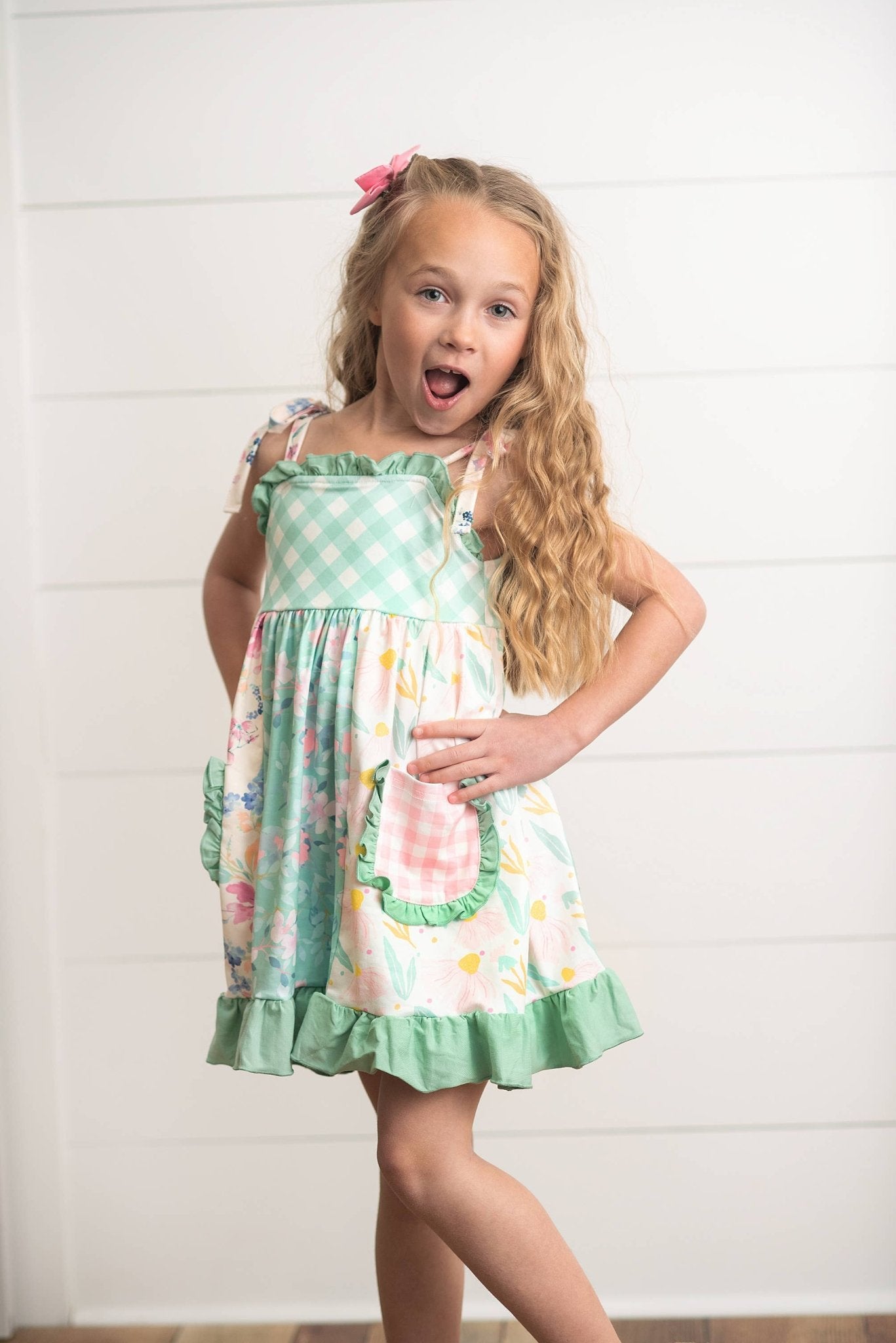 Girls Mint Gingham Ruffle Pocket Spring Easter Summer Dress - Tiny Tots Boutique