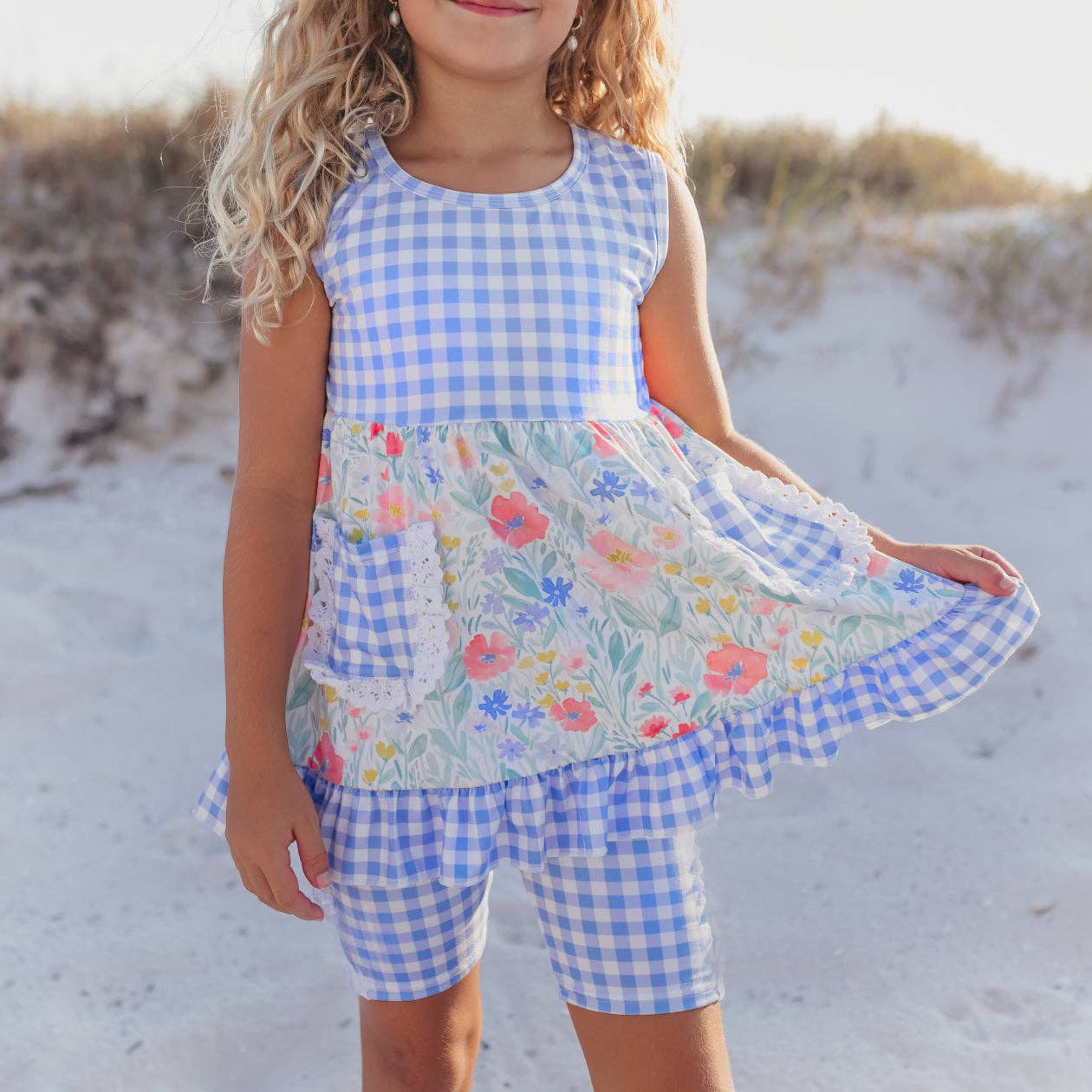Girls Periwinkle Check Gingham Pocket Lace Ruffle Short Set - Tiny Tots Boutique
