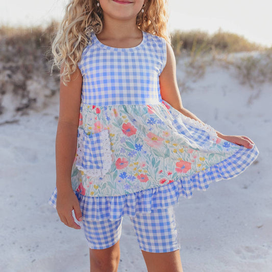 Girls Periwinkle Check Gingham Pocket Lace Ruffle Short Set - Tiny Tots Boutique