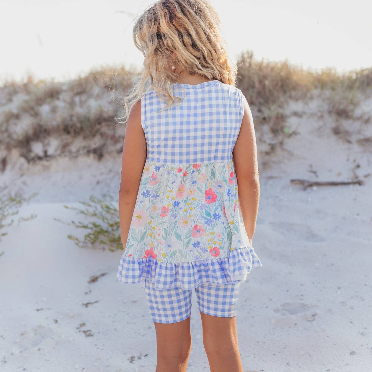 Girls Periwinkle Check Gingham Pocket Lace Ruffle Short Set - Tiny Tots Boutique