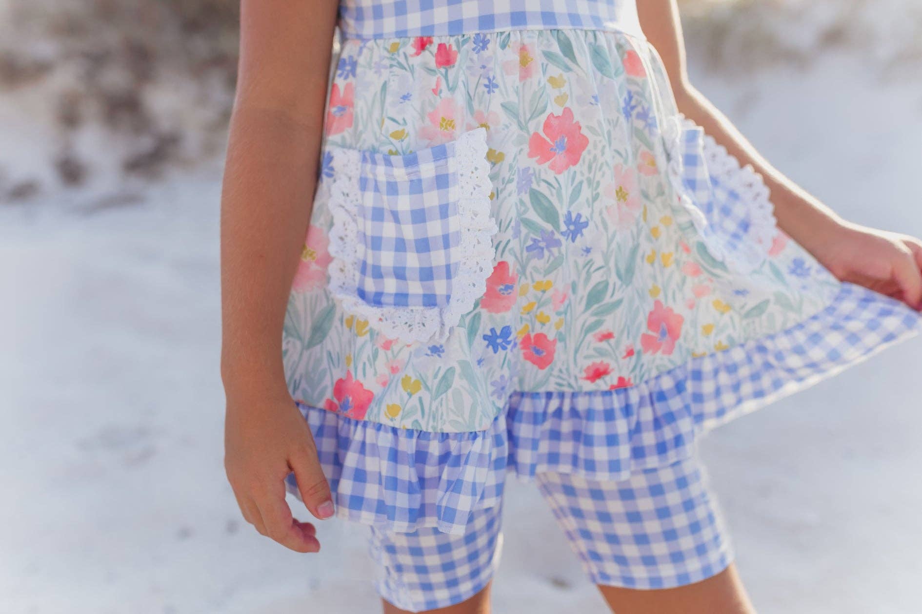 Girls Periwinkle Check Gingham Pocket Lace Ruffle Short Set - Tiny Tots Boutique