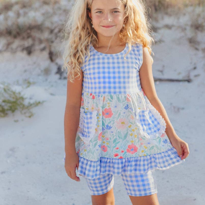 Girls Periwinkle Check Gingham Pocket Lace Ruffle Short Set - Tiny Tots Boutique