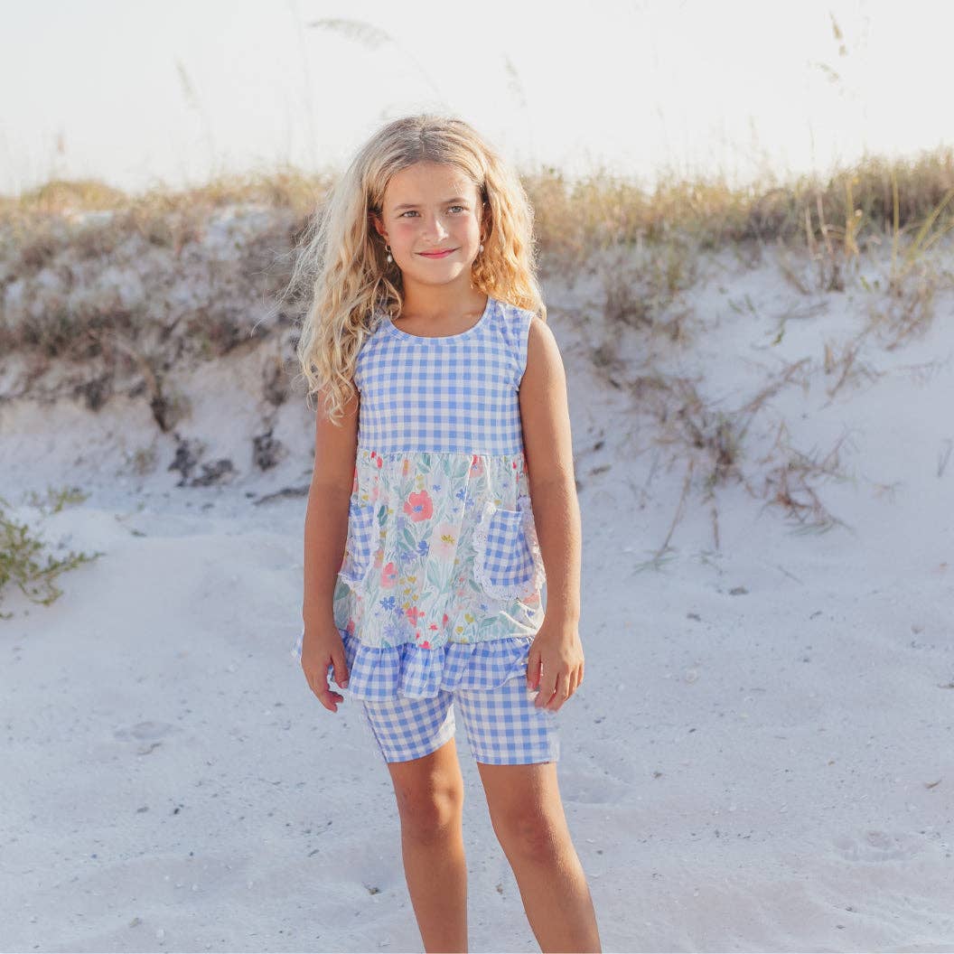 Girls Periwinkle Check Gingham Pocket Lace Ruffle Short Set - Tiny Tots Boutique