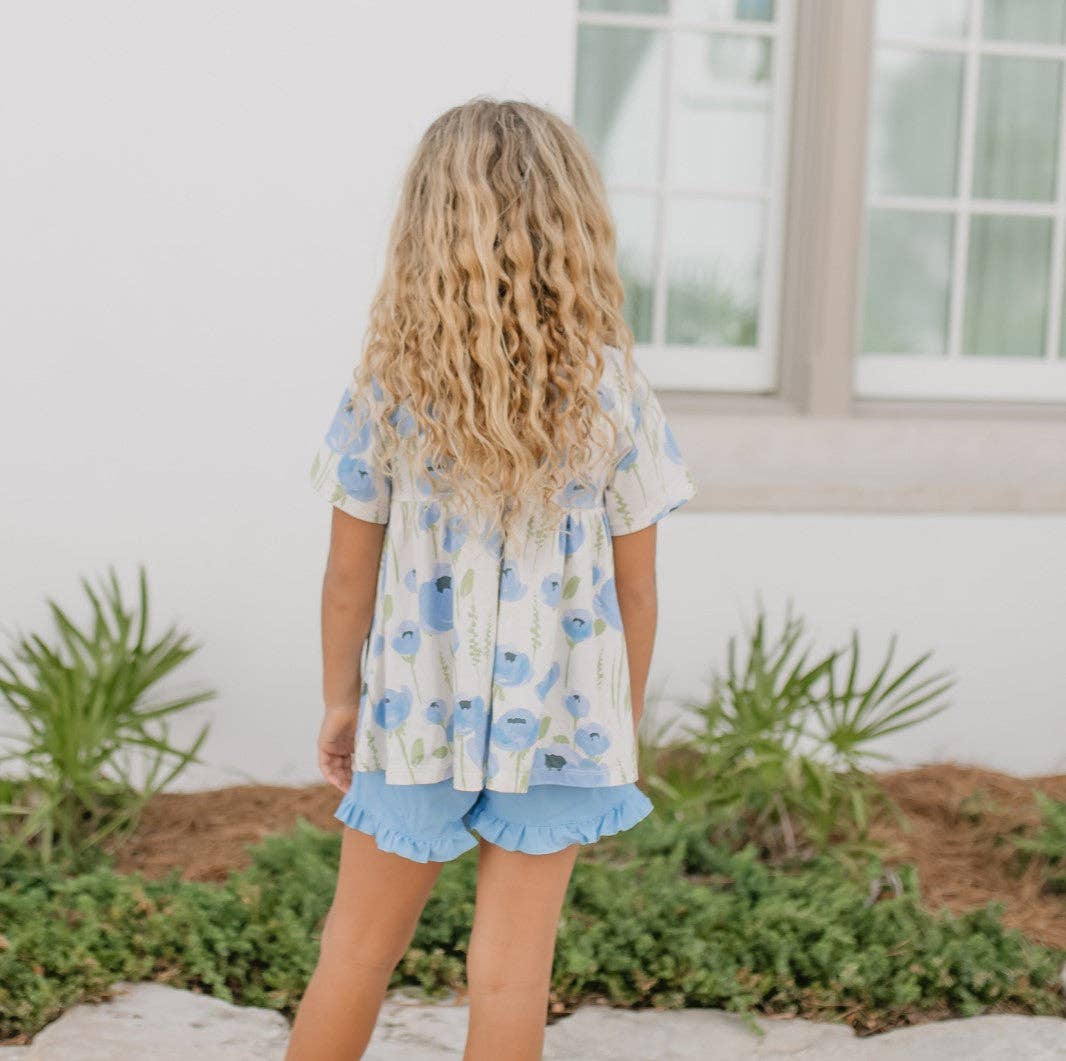 Girls Periwinkle Floral Ruffle Pocket Spring Short Set - Tiny Tots Boutique