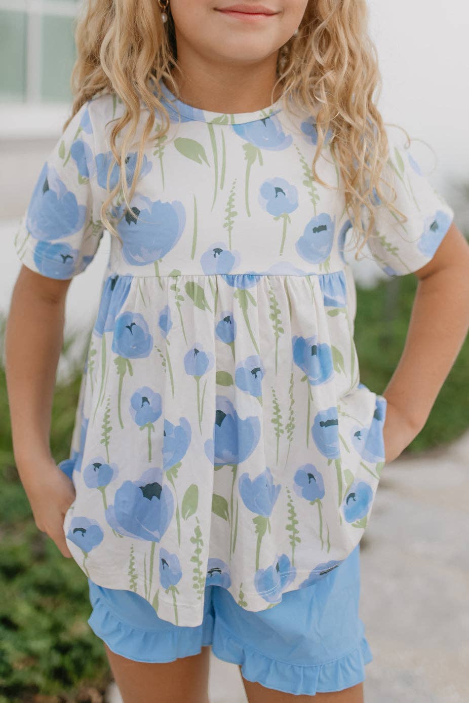 Girls Periwinkle Floral Ruffle Pocket Spring Short Set - Tiny Tots Boutique