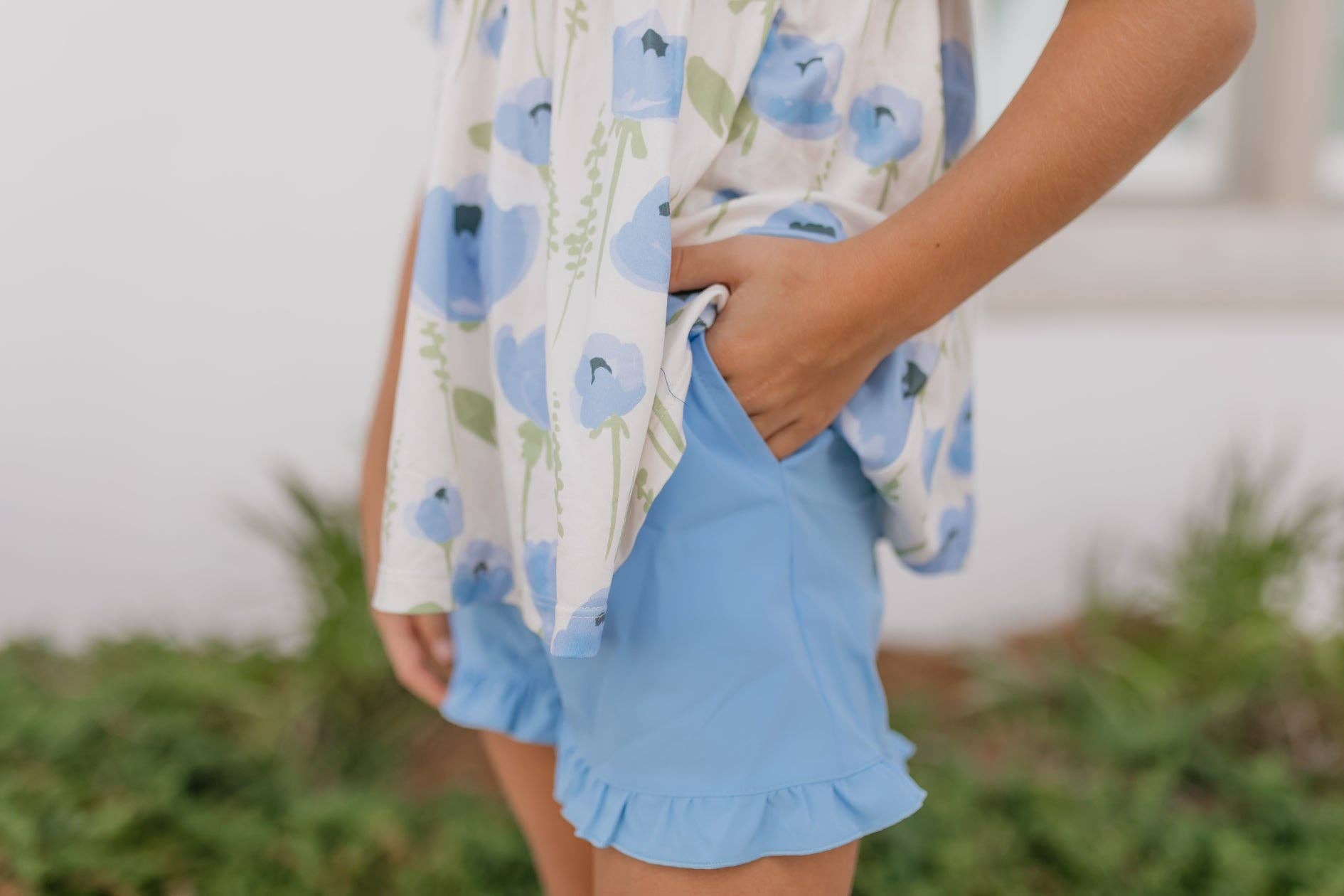 Girls Periwinkle Floral Ruffle Pocket Spring Short Set - Tiny Tots Boutique