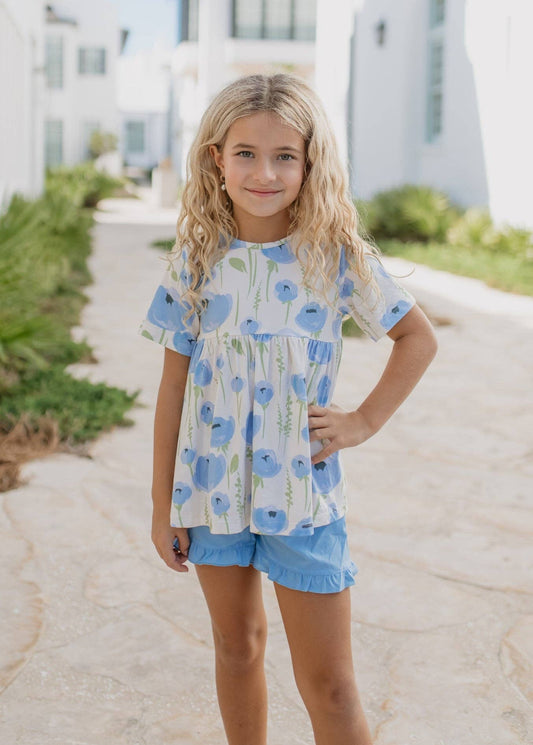 Girls Periwinkle Floral Ruffle Pocket Spring Short Set - Tiny Tots Boutique