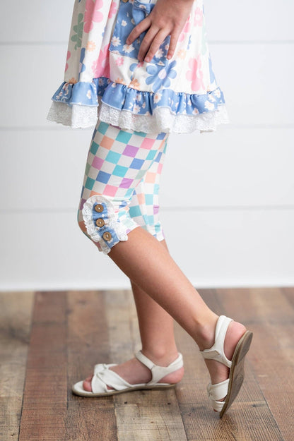 Girls Periwinkle Retro Flower & Checkered Capri Spring Set - Tiny Tots Boutique