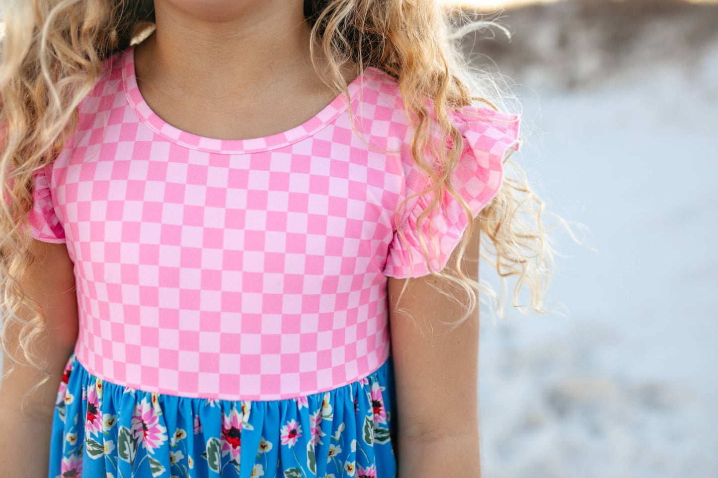 Girls Pink Check & Blue Floral Pocket Twirl Spring Dress - Tiny Tots Boutique