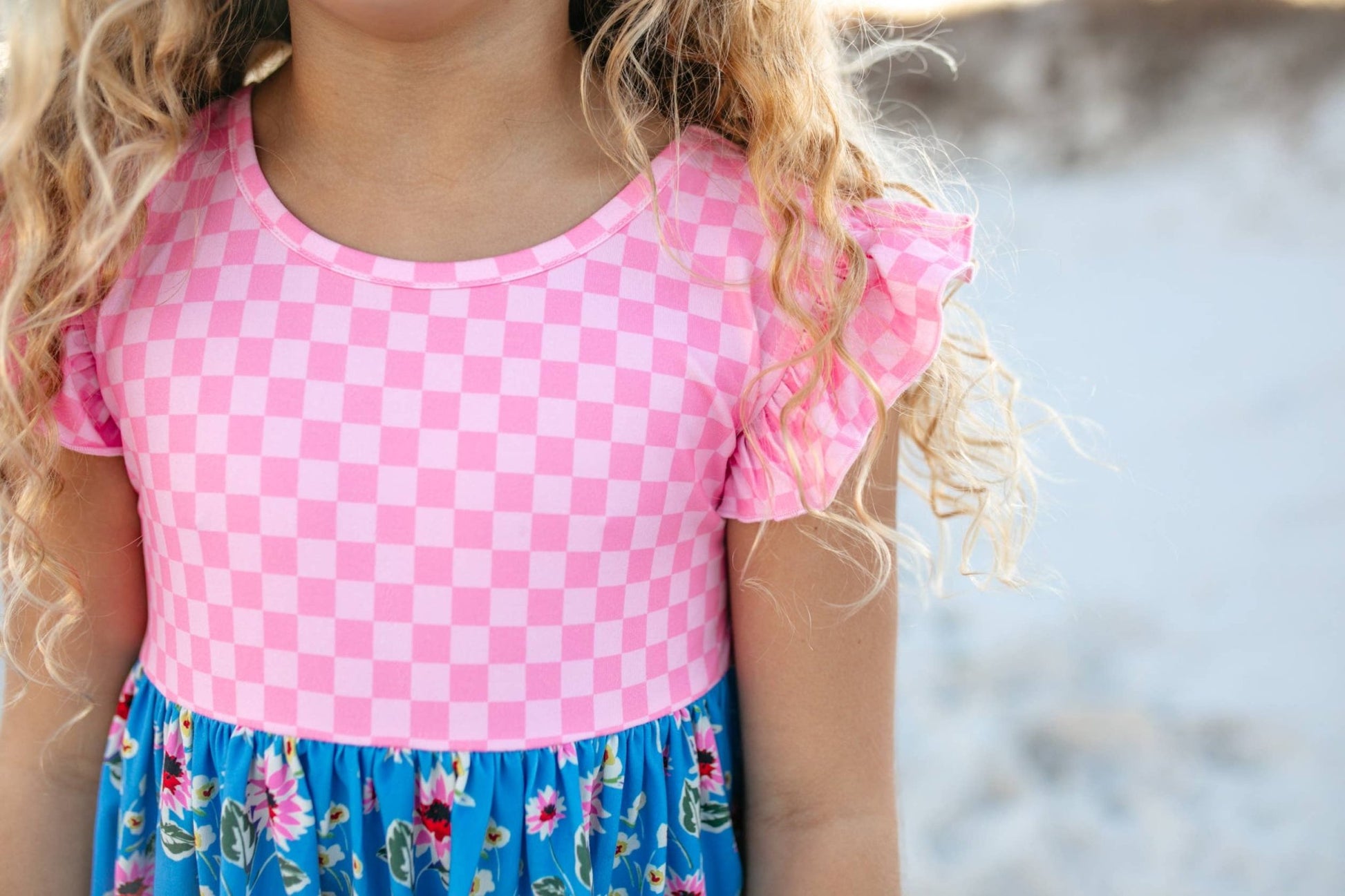 Girls Pink Check & Blue Floral Pocket Twirl Spring Dress - Tiny Tots Boutique