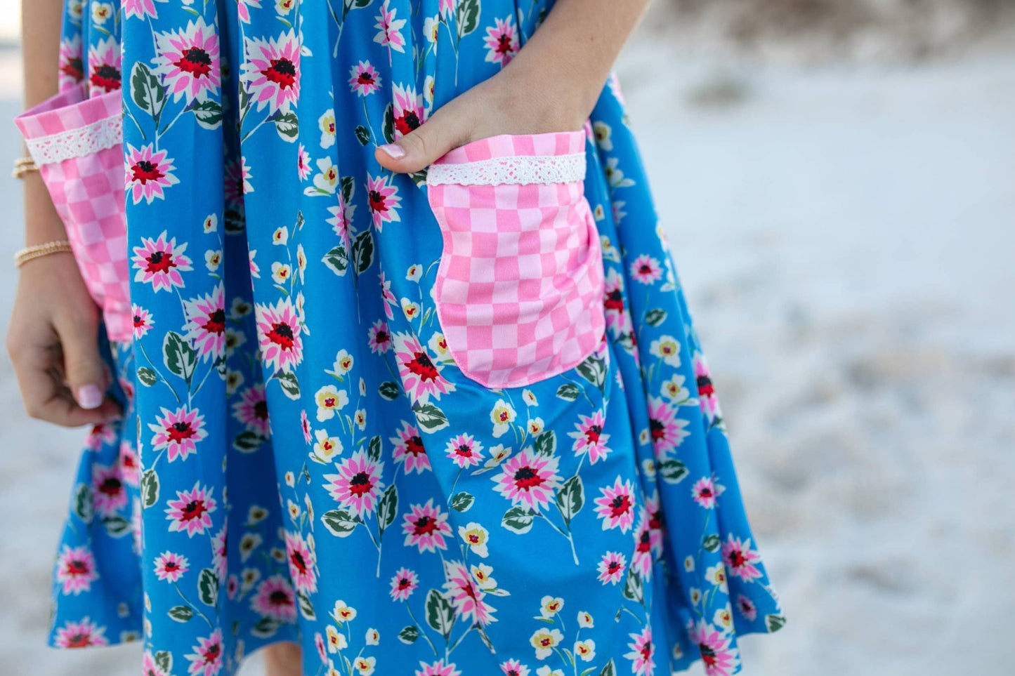 Girls Pink Check & Blue Floral Pocket Twirl Spring Dress - Tiny Tots Boutique