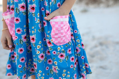 Girls Pink Check & Blue Floral Pocket Twirl Spring Dress - Tiny Tots Boutique