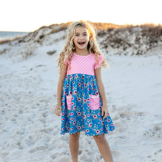Girls Pink Check & Blue Floral Pocket Twirl Spring Dress - Tiny Tots Boutique