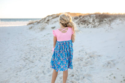 Girls Pink Check & Blue Floral Pocket Twirl Spring Dress - Tiny Tots Boutique