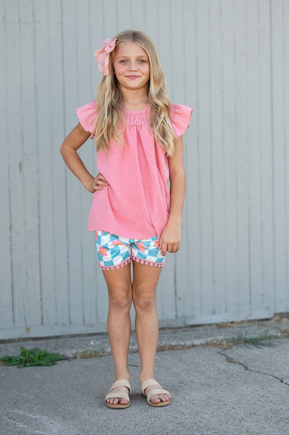 Girls Pink & Teal Spring Summer Retro Check Wave Short Set - Tiny Tots Boutique