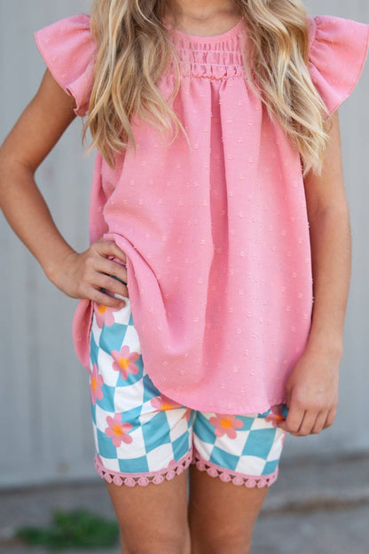 Girls Pink & Teal Spring Summer Retro Check Wave Short Set - Tiny Tots Boutique