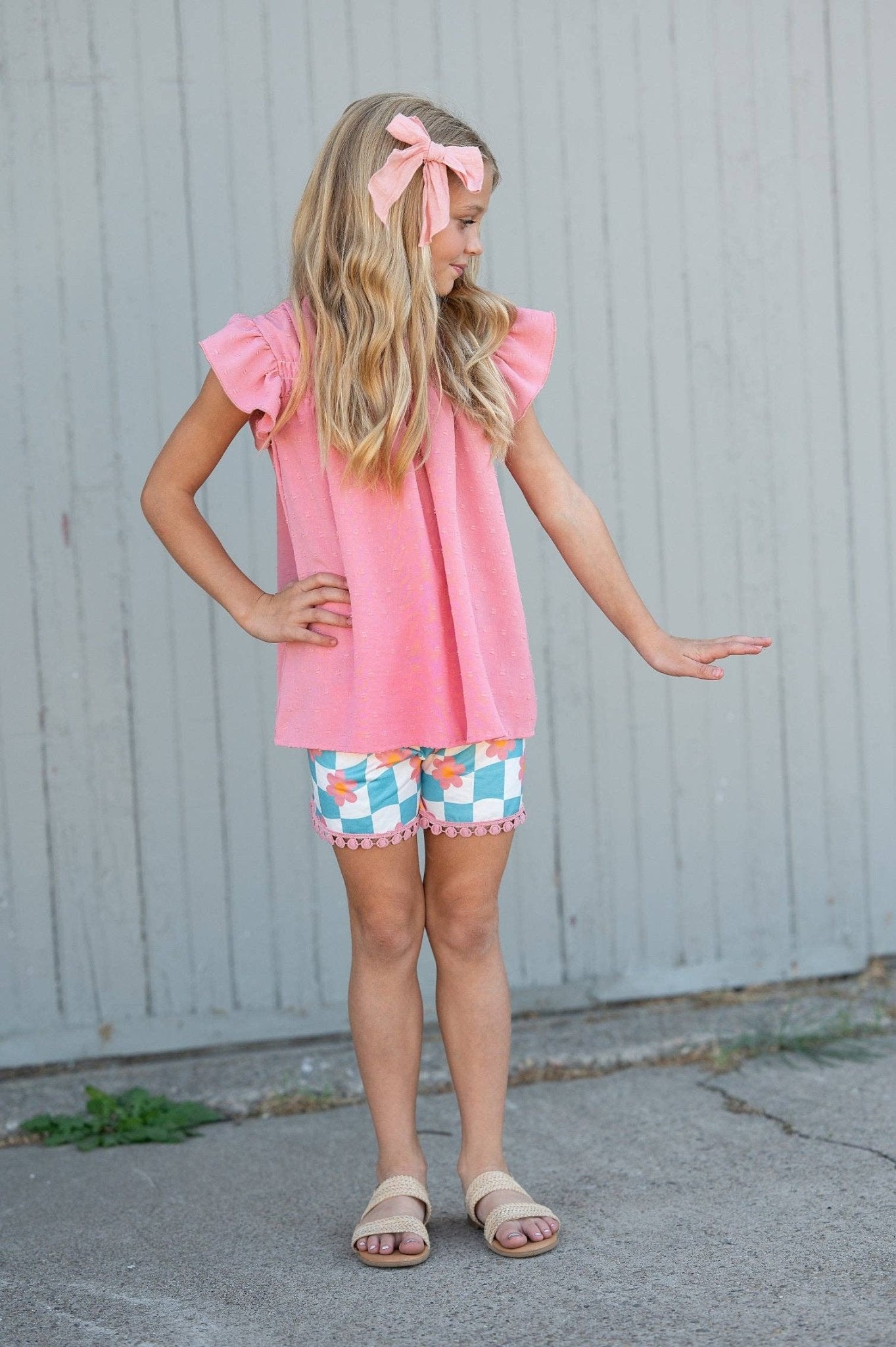 Girls Pink & Teal Spring Summer Retro Check Wave Short Set - Tiny Tots Boutique
