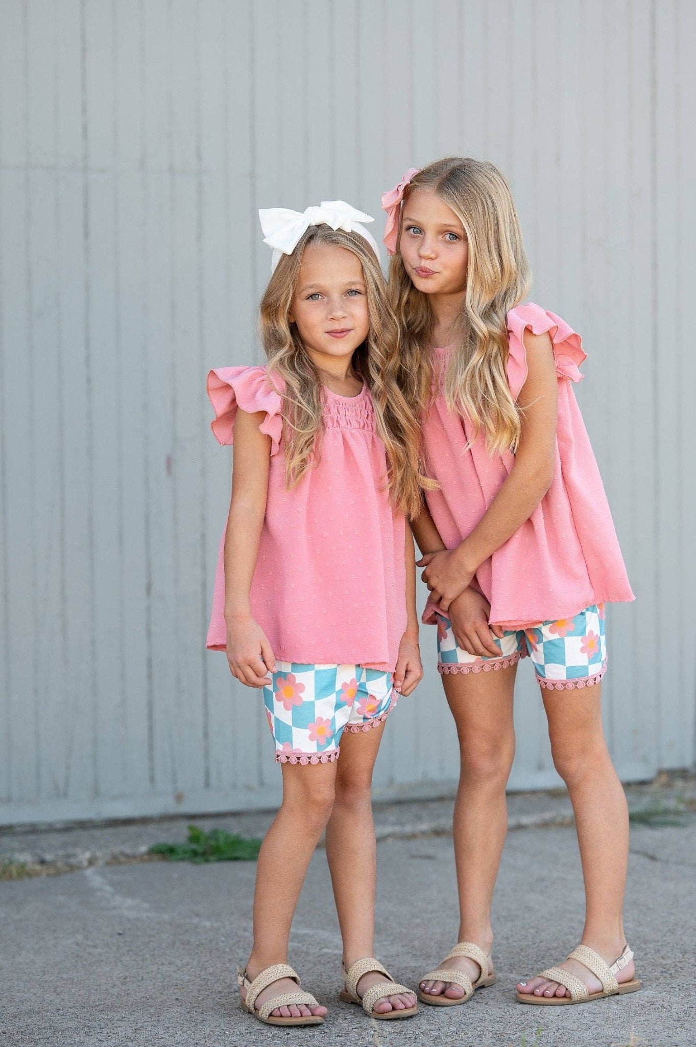 Girls Pink & Teal Spring Summer Retro Check Wave Short Set - Tiny Tots Boutique