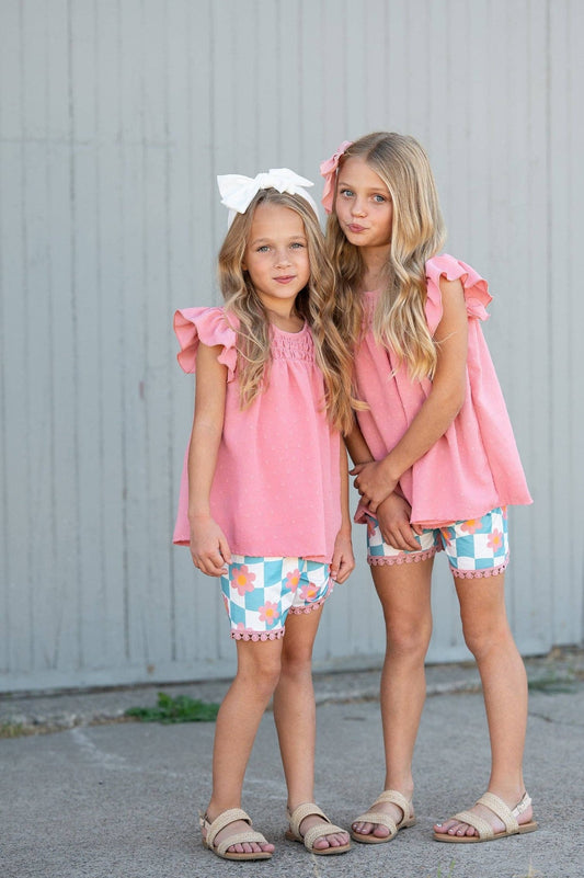 Girls Pink & Teal Spring Summer Retro Check Wave Short Set - Tiny Tots Boutique