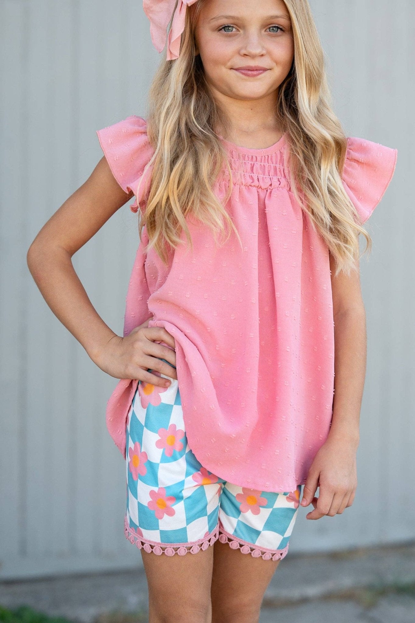 Girls Pink & Teal Spring Summer Retro Check Wave Short Set - Tiny Tots Boutique