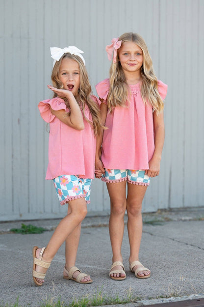 Girls Pink & Teal Spring Summer Retro Check Wave Short Set - Tiny Tots Boutique