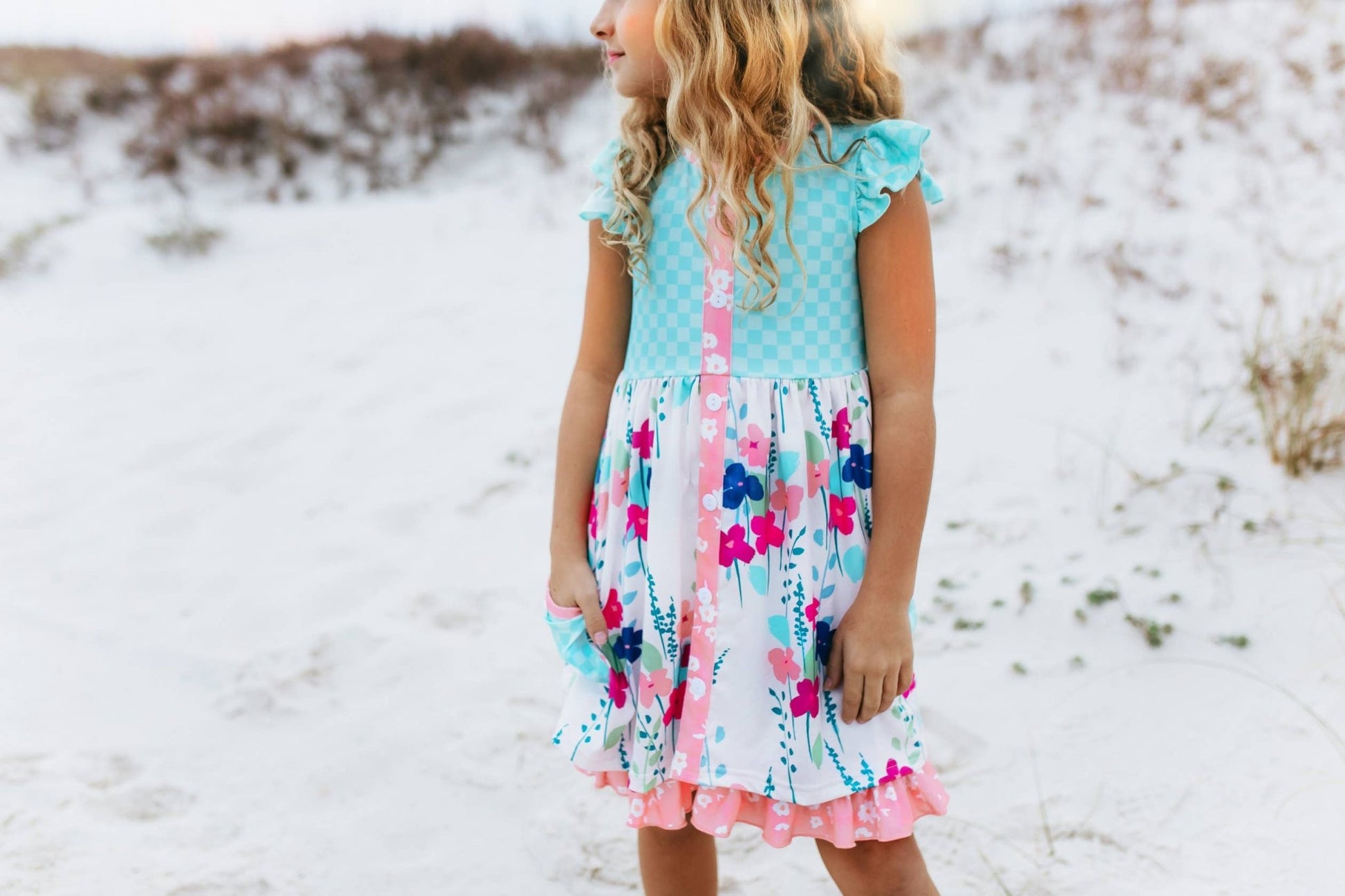 Girls Sky Blue & Pink Floral Pocket Ruffle Spring Dress - Tiny Tots Boutique