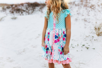 Girls Sky Blue & Pink Floral Pocket Ruffle Spring Dress - Tiny Tots Boutique