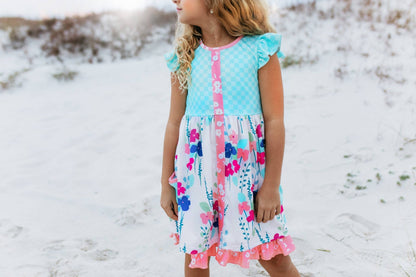 Girls Sky Blue & Pink Floral Pocket Ruffle Spring Dress - Tiny Tots Boutique
