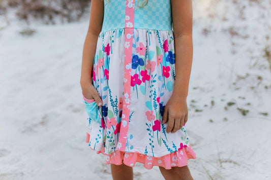 Girls Sky Blue & Pink Floral Pocket Ruffle Spring Dress - Tiny Tots Boutique