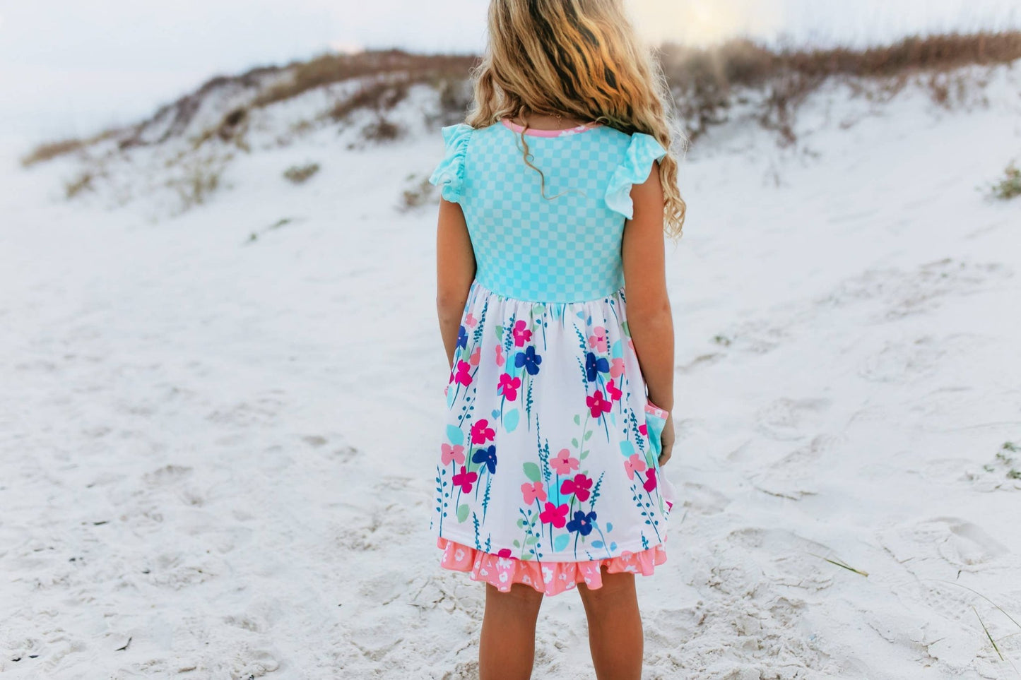 Girls Sky Blue & Pink Floral Pocket Ruffle Spring Dress - Tiny Tots Boutique