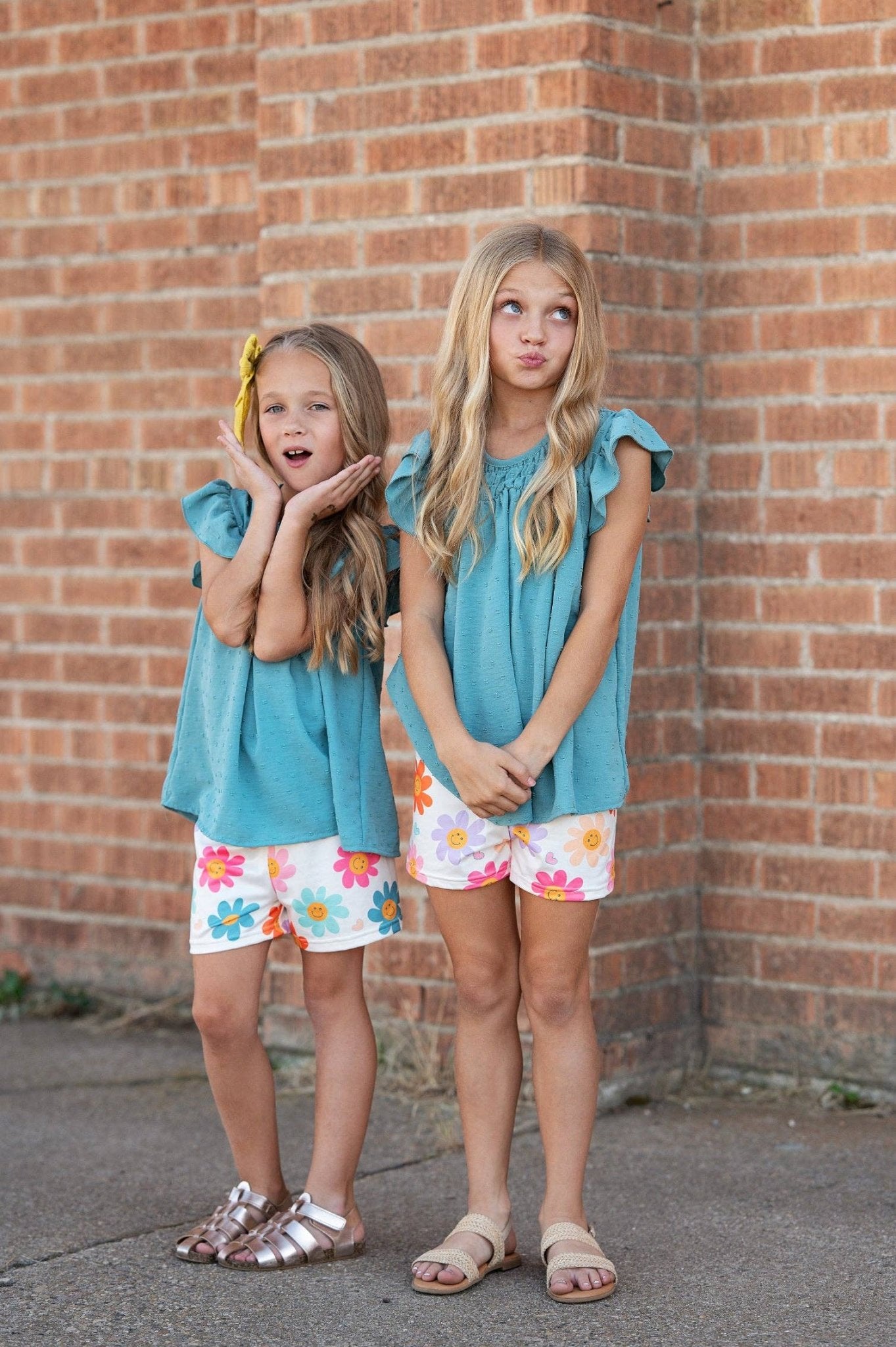 Girls Teal Retro Happy Flower Spring Summer Short Set - Tiny Tots Boutique
