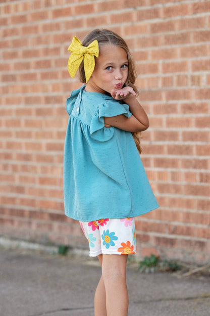 Girls Teal Retro Happy Flower Spring Summer Short Set - Tiny Tots Boutique
