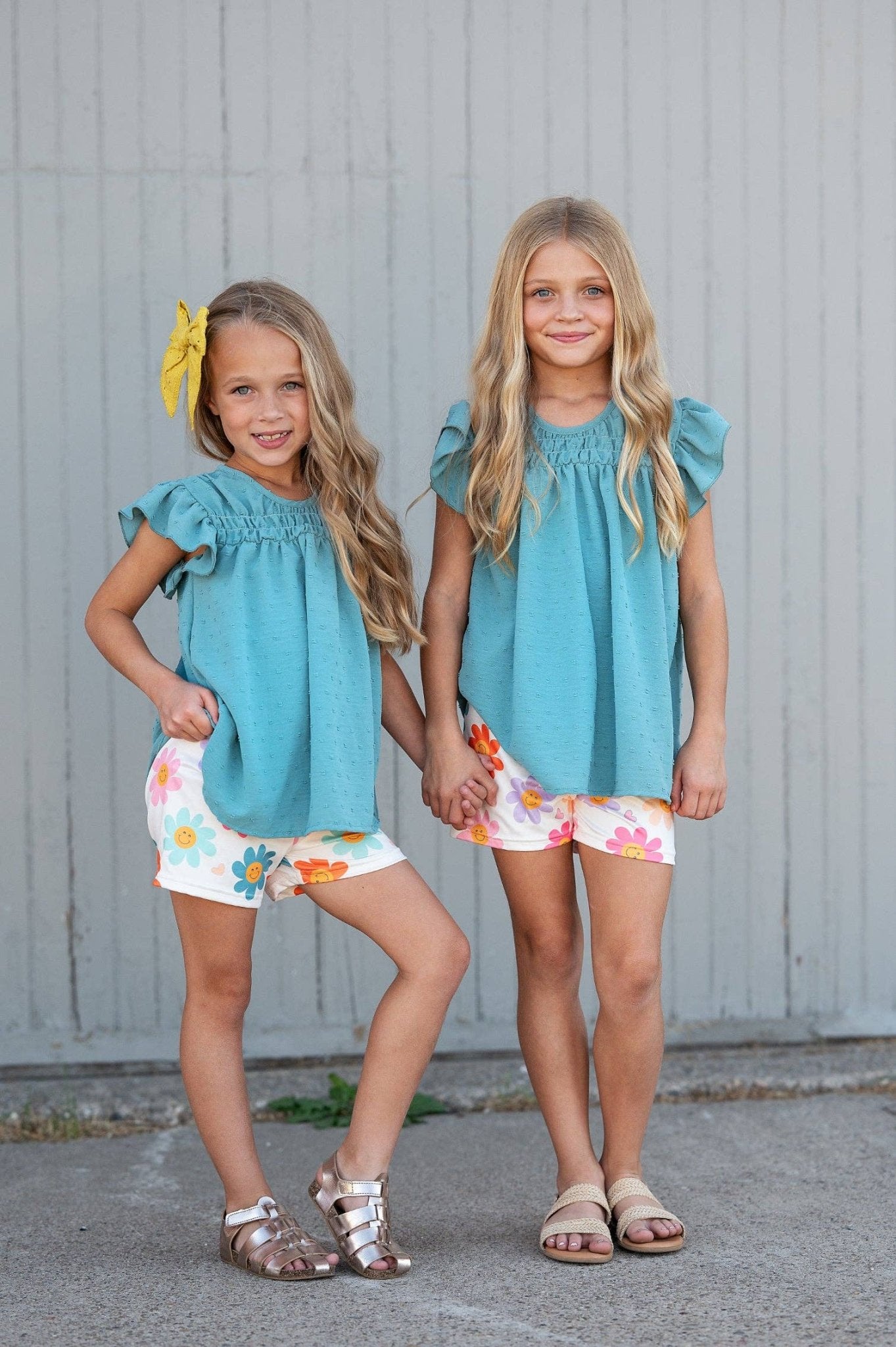 Girls Teal Retro Happy Flower Spring Summer Short Set - Tiny Tots Boutique