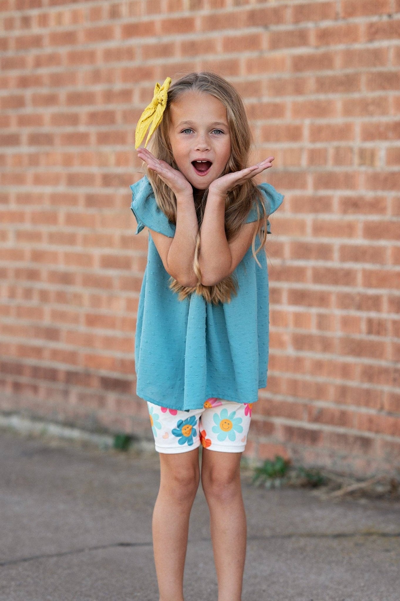 Girls Teal Retro Happy Flower Spring Summer Short Set - Tiny Tots Boutique