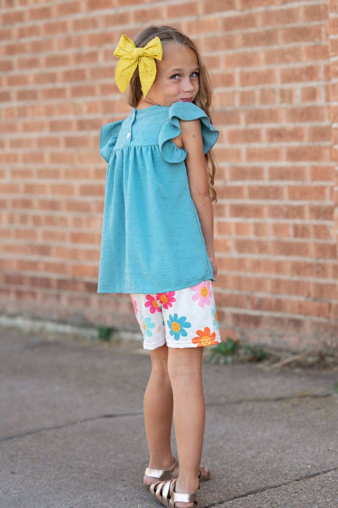 Girls Teal Retro Happy Flower Spring Summer Short Set - Tiny Tots Boutique